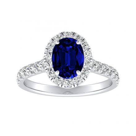 1.00 ct Halo Oval Blue Sapphire Engagement Ring in 14K White Gold