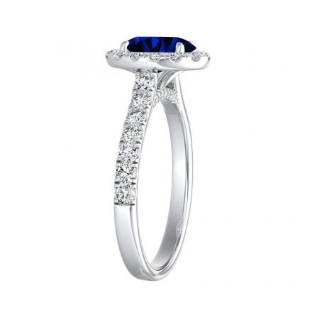 14K White Gold Blue Sapphire & Diamond Halo Engagement Ring - Split Shank, Size 7