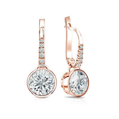 GIA Certified Round Diamond Stud Earrings in 14k Rose Gold Dangle Studs Bezel