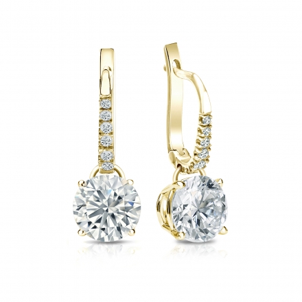 Certified 18k Yellow Gold Dangle Studs 4-Prong Basket Round Diamond Earrings 2.00 ct. tw. (G-H, VS2)