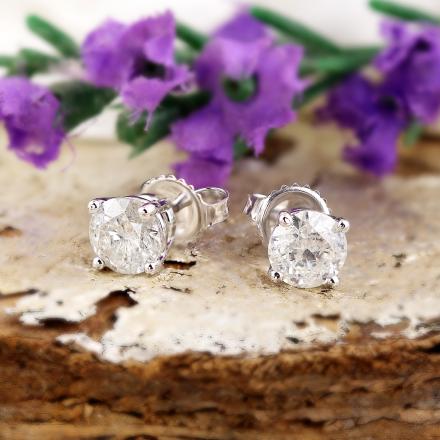 14k White Gold 4-Prong Basket Round Diamond Stud Earrings