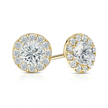 Certified 14k Yellow Gold Halo Round Diamond Stud Earrings 2.00 ct. tw. (H-I, SI1-SI2)