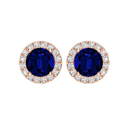 Lab Grown Gemstone Blue Sapphire Stud Earrings Round 6.00 ct. tw. 14k Rose Gold Halo