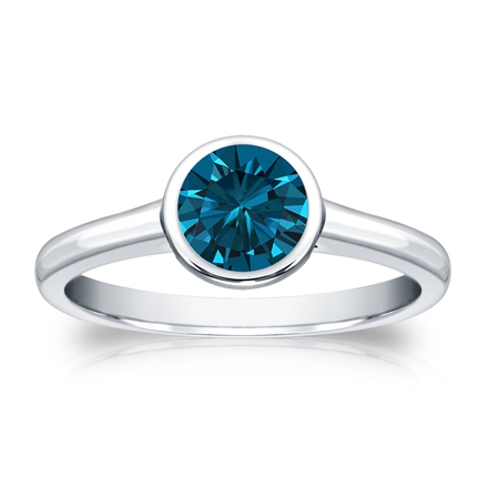 Certified 14k White Gold Bezel Round Blue Diamond Ring 0.75 ct. tw. (Blue, SI1-SI2)