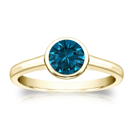Certified 14k Yellow Gold Bezel Round Blue Diamond Ring 0.75 ct. tw. (Blue, SI1-SI2)