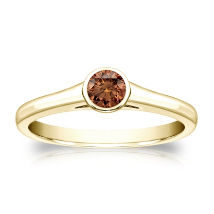 Certified 14k Yellow Gold Bezel Round Brown Diamond Ring 0.25 ct. tw. (Brown, SI1-SI2)