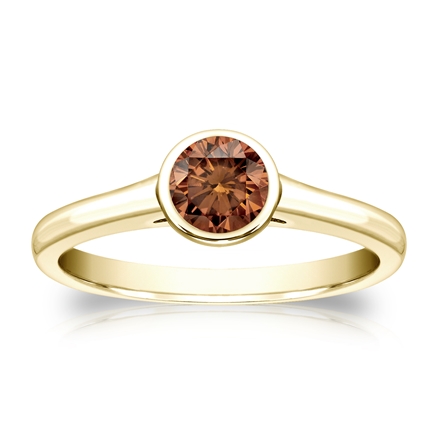 Certified 14k Yellow Gold Bezel Round Brown Diamond Ring 0.50 ct. tw. (Brown, SI1-SI2)