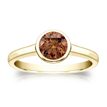 Certified 14k Yellow Gold Bezel Round Brown Diamond Ring 0.75 ct. tw. (Brown, SI1-SI2)