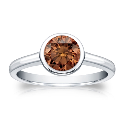 Certified 18k White Gold Bezel Round Brown Diamond Ring 1.00 ct. tw. (Brown, SI1-SI2)