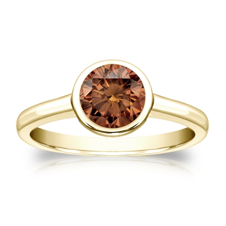 Certified 18k Yellow Gold Bezel Round Brown Diamond Ring 1.00 ct. tw. (Brown, SI1-SI2)