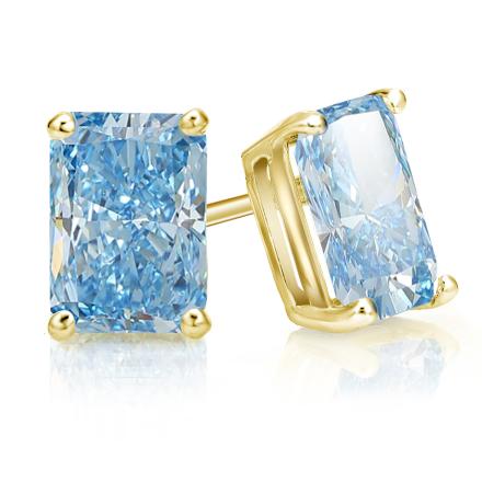 Lab Grown Diamond Studs Earrings IGI Certified Radiant 20.50 ct. tw. (Fancy Vivid Blue, VS) in 18k Yellow Gold 4-Prong Basket