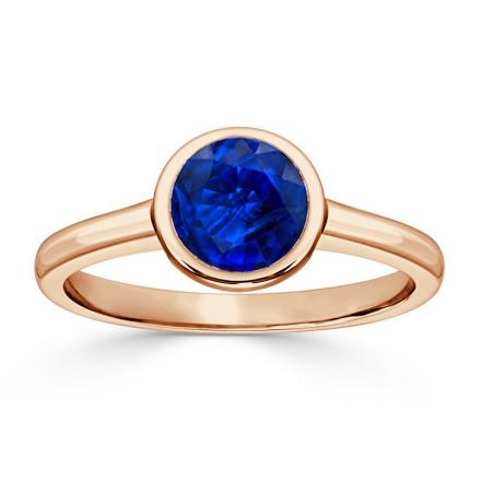 Certified 14k Rose Gold Bezel Round Blue Sapphire Gemstone Ring 1.00 ct. tw. (AAA)