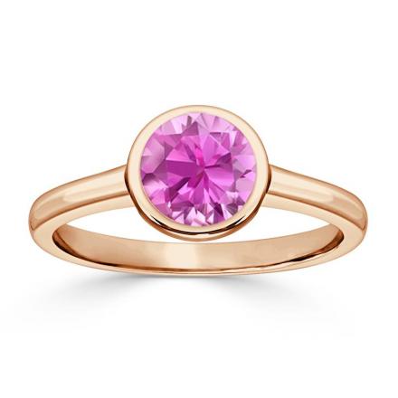 Certified 14k Rose Gold Bezel Round Pink Sapphire Gemstone Ring 0.75 ct. tw. (AAA)