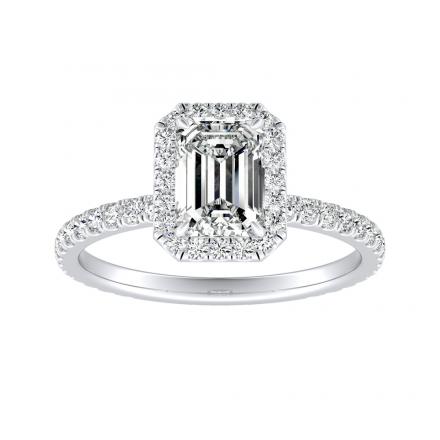 Natural Diamond Halo Engagement Ring Emerald 1.44 ct. tw. (H, VS1) in 14K White Gold 4-Prong