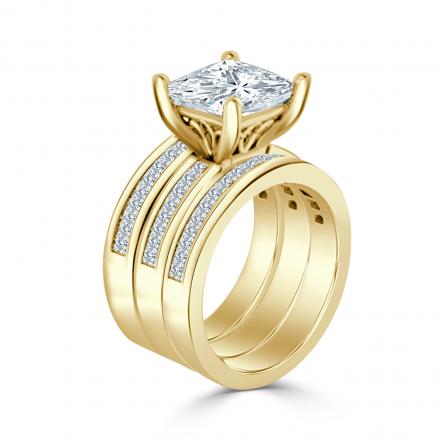 18k Yellow Gold Wedding Ring Set with 1.50 ct Center Princess Cut Diamond F-SI1