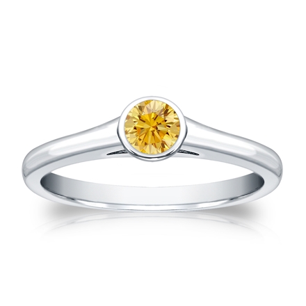 Certified 18k White Gold Bezel Round Yellow Diamond Ring 0.25 ct. tw. (Yellow, SI1-SI2)