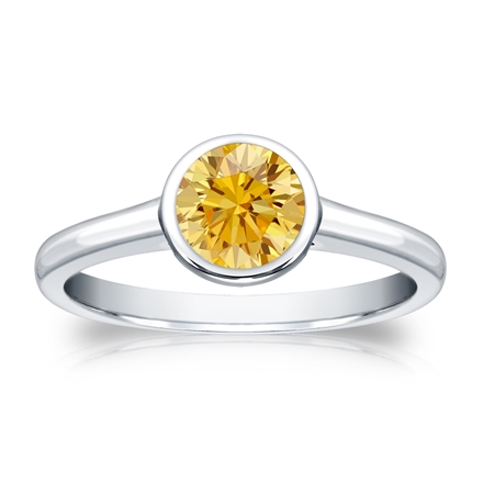 Certified 14k White Gold Bezel Round Yellow Diamond Ring 0.75 ct. tw. (Yellow, SI1-SI2)