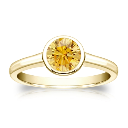 Certified 14k Yellow Gold Bezel Round Yellow Diamond Ring 0.75 ct. tw. (Yellow, SI1-SI2)