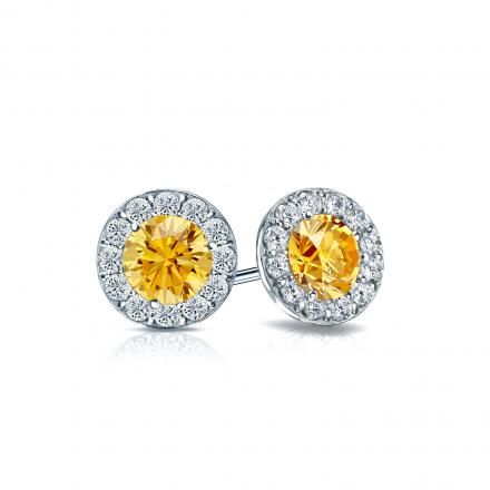 Certified 18k White Gold Halo Round Yellow Diamond Stud Earrings 1.00 ct. tw. (Yellow, SI1-SI2)