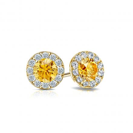 Certified 14k Yellow Gold Halo Round Yellow Diamond Stud Earrings 1.00 ct. tw. (Yellow, SI1-SI2)