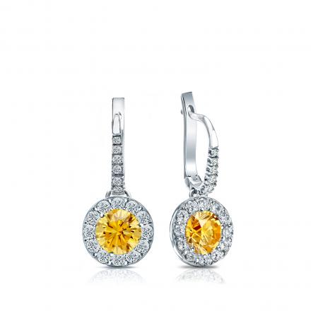 Certified 18k White Gold Dangle Studs Halo Round Yellow Diamond Earrings 1.00 ct. tw. (Yellow, SI1-SI2)