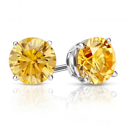 Certified 18k White Gold 4-Prong Basket Round Yellow Diamond Stud Earrings 1.50 ct. tw. (Yellow, SI1-SI2)