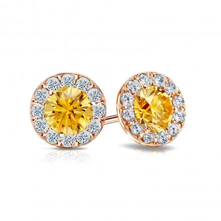 Certified 14k Rose Gold Halo Round Yellow Diamond Stud Earrings 1.50 ct. tw. (Yellow, SI1-SI2)