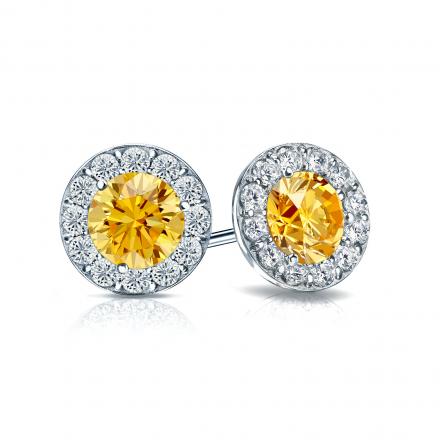 Certified 14k White Gold Halo Round Yellow Diamond Stud Earrings 1.50 ct. tw. (Yellow, SI1-SI2)