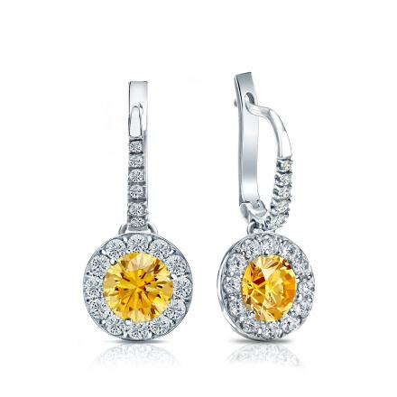 Certified 18k White Gold Dangle Studs Halo Round Yellow Diamond Earrings 1.50 ct. tw. (Yellow, SI1-SI2)
