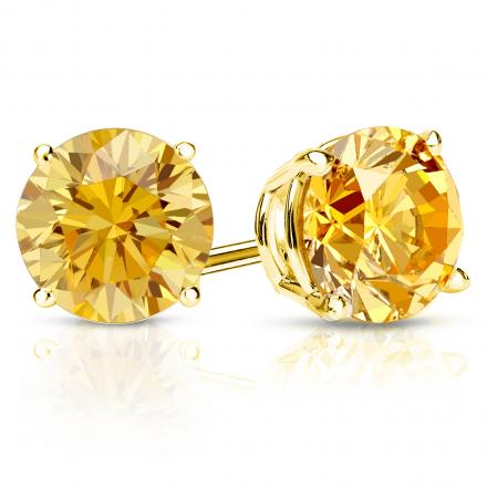Certified 14k Yellow Gold 4-Prong Basket Round Yellow Diamond Stud Earrings 2.00 ct. tw. (Yellow, SI1-SI2)