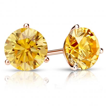 Certified 14k Rose Gold 3-Prong Martini Round Yellow Diamond Stud Earrings 2.00 ct. tw. (Yellow, SI1-SI2)