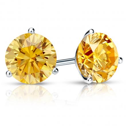 Certified 14k White Gold 3-Prong Martini Round Yellow Diamond Stud Earrings 2.00 ct. tw. (Yellow, SI1-SI2)