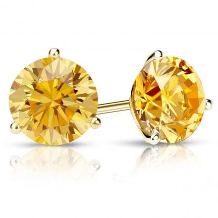 Certified 18k Yellow Gold 3-Prong Martini Round Yellow Diamond Stud Earrings 2.50 ct. tw. (Yellow, SI1-SI2)