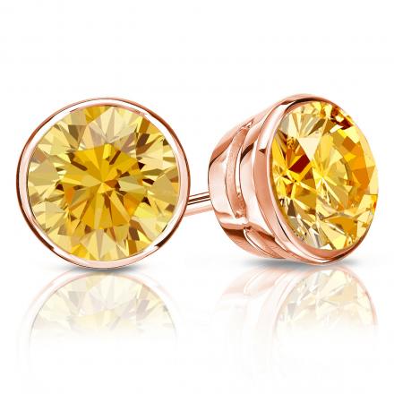 Certified 14k Rose Gold Bezel Round Yellow Diamond Stud Earrings 2.00 ct. tw. (Yellow, SI1-SI2)