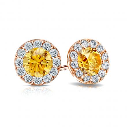 Certified 14k Rose Gold Halo Round Yellow Diamond Stud Earrings 2.00 ct. tw. (Yellow, SI1-SI2)
