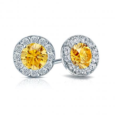 Certified 18k White Gold Halo Round Yellow Diamond Stud Earrings 2.00 ct. tw. (Yellow, SI1-SI2)