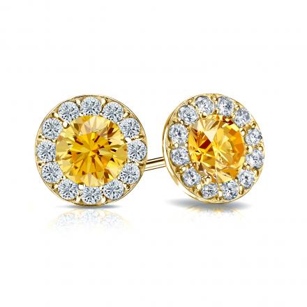 Certified 18k Yellow Gold Halo Round Yellow Diamond Stud Earrings 2.00 ct. tw. (Yellow, SI1-SI2)