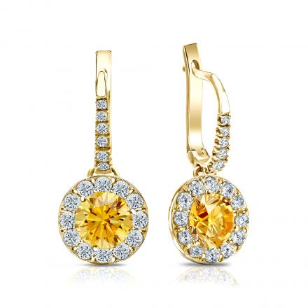 Certified 14k Yellow Gold Dangle Studs Halo Round Yellow Diamond Earrings 2.00 ct. tw. (Yellow, SI1-SI2)
