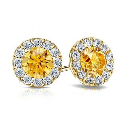 Certified 18k Yellow Gold Halo Round Yellow Diamond Stud Earrings 2.50 ct. tw. (Yellow, SI1-SI2)
