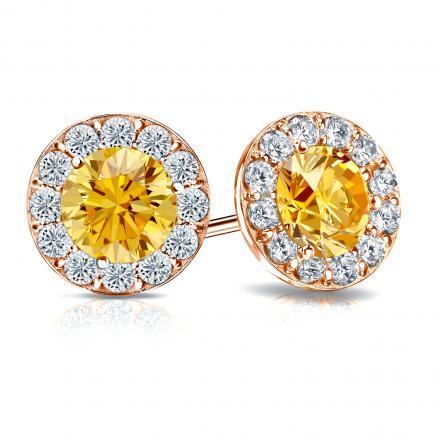 Certified 14k Rose Gold Halo Round Yellow Diamond Stud Earrings 3.00 ct. tw. (Yellow, SI1-SI2)