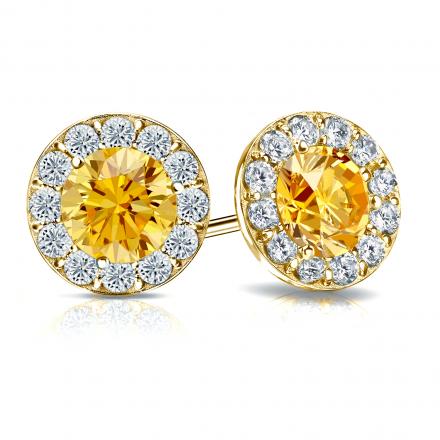 Certified 14k Yellow Gold Halo Round Yellow Diamond Stud Earrings 3.00 ct. tw. (Yellow, SI1-SI2)