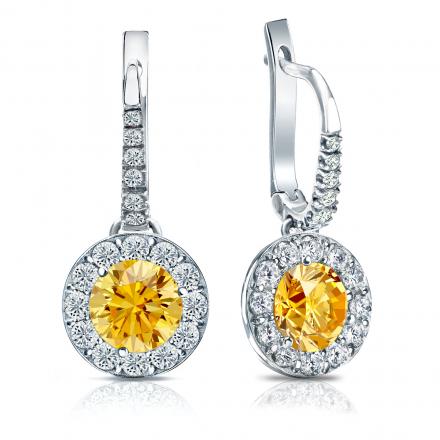 Certified Platinum Dangle Studs Halo Round Yellow Diamond Earrings 3.00 ct. tw. (Yellow, SI1-SI2)