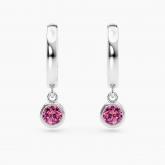 Petite Round Dangle Solitaire Pink Sapphire High Polish Hoop Earrings 1.00ct.tw. 14K White Gold