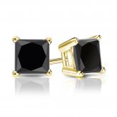 Certified 14k Yellow Gold 4-Prong Basket Princess-Cut Black Diamond Stud Earrings 3.00 ct. tw.