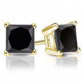 Certified 14k Yellow Gold 4-Prong Basket Princess-Cut Black Diamond Stud Earrings 4.00 ct. tw.