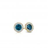 Certified 18k Yellow Gold Halo Round Blue Diamond Stud Earrings 0.50 ct. tw. (Blue, SI1-SI2)