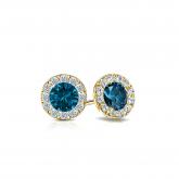 Certified 18k Yellow Gold Halo Round Blue Diamond Stud Earrings 0.75 ct. tw. (Blue, SI1-SI2)