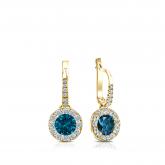 Certified 18k Yellow Gold Dangle Studs Halo Round Blue Diamond Earrings 0.75 ct. tw. (Blue, SI1-SI2)