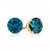 Certified 18k Yellow Gold 4-Prong Basket Round Blue Diamond Stud Earrings 1.00 ct. tw. (Blue, SI1-SI2)