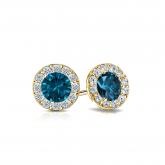 Certified 18k Yellow Gold Halo Round Blue Diamond Stud Earrings 1.00 ct. tw. (Blue, SI1-SI2)